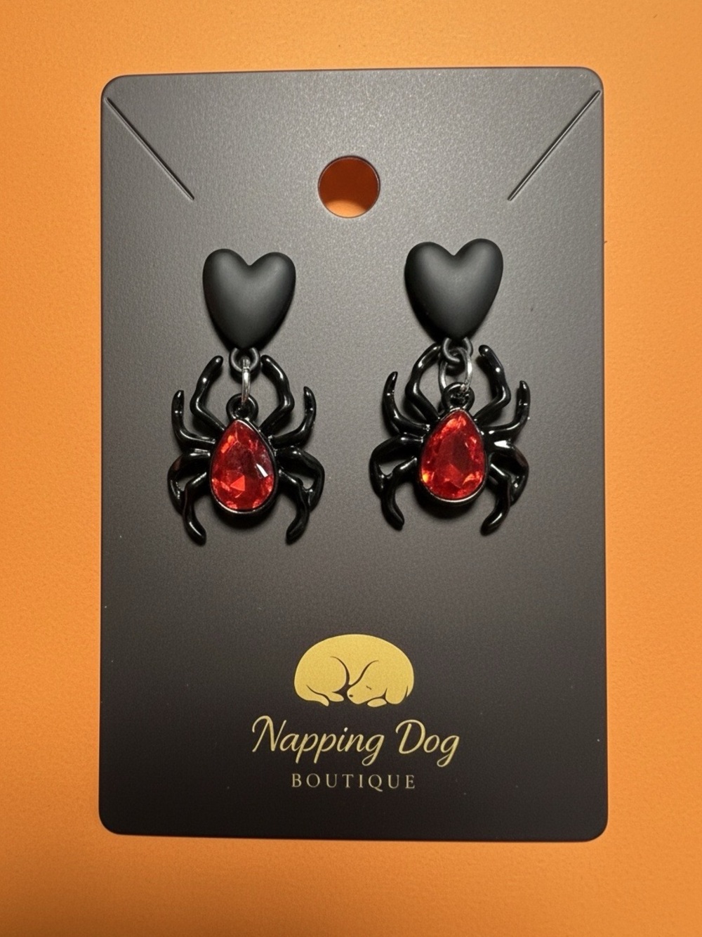 Black Spider Earrings with Red Gem Drop